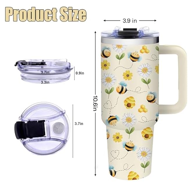 Bees Tumbler with Handle - 40oz Stainless Steel Travel Mug Insulated Coffee Cup, Bee Gifts for Women, Bees Gifts for Bee Lovers Woman Birthday (with Lid and Straw)