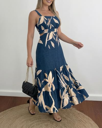 Image of CHICME Summer Dresses for Women 2026 Sleeveless Casual Boho Maxi Dress Square Neck Cut Out Floral A Line Dress