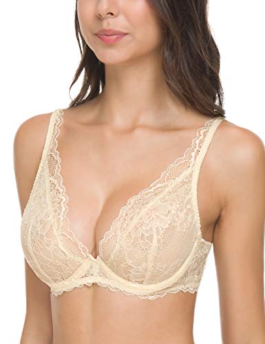 Wingslove Women's Sexy Bra Sheer Lace Bralette Low-Cut Plunge Unlined Underwire Bra(Nude,36A) Wingslove Women's Sexy Bra Sheer Lace Bralette Low-Cut Plunge Unlined Underwire Bra(Nude,36A)