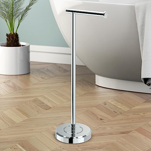 Image of Gatco 1437C Latitude II Freestanding Toilet Paper Holder, Chrome Bathroom Tissue Roll Stand with Modern Floor Standing Design