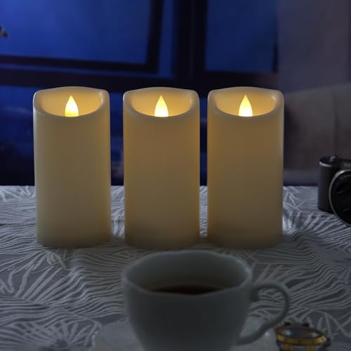 Image of CANDLE CHOICE Waterproof Outdoor Battery Operated Flameless Candles with Timer Flickering Plastic Resin Electric LED Pillar Lights for Lantern Patio Garden Wedding Party Decorations 3x6 Inches 3 Pack