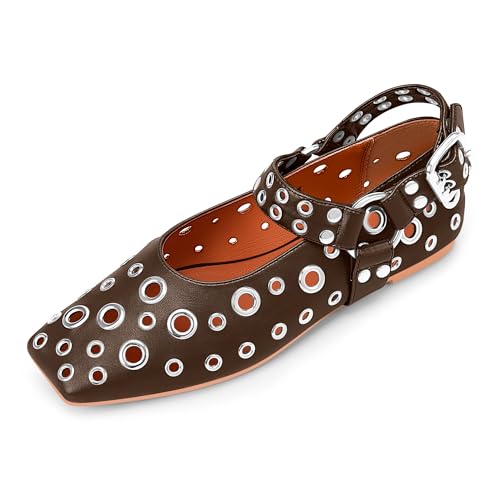 100FIXEO Women's Buckle Ballet Flats Punk Square Toe Studded Grommet