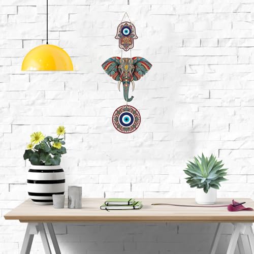 Image of GiftOday Designer Elephant Wooden Wall Hanging for Home Decor | Hamsa Hand Decoration for Livingroom | Modern Artworks Items | Peace Charm Door Accent Decorative Hangings (Design 1)