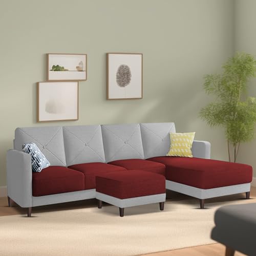 Image of Baloney RHS 6 Seater L Shape Sofa Set with Center Table for Living Room (Maroon Grey Fabric) Premium Fabric Sofa