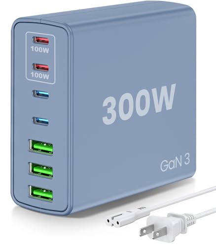 USB C Fast Charger Block 300W: 7 Port USB Charging Station Hub Brick - Dual PPS PD 100W Laptop Wall Charger Power Adapter - Blue