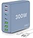USB C Fast Charger Block 300W: 7 Port USB Charging Station Hub Brick - Dual PPS PD 100W Laptop Wall Charger Power Adapter - Blue