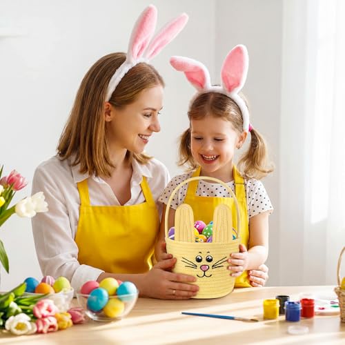 Image of Teenyyou Woven Easter Baskets Woven Bunny Baskets with Handles Eggs Hunt Bucket Rabbit Cotton Rope Basket Baby's First Easter Basket Gift for Toddler Boys Girls(Macaron Yellow)