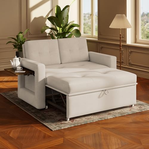 YOUDENOVA Sofa mit Schlaffunktion, Schlafsofa mit 5-stufig Verstellbarer Rückenlehne, Schlafcouch mit Bettfunktion, Couch mit Tisch & Seitentasche, 2 Sitzer Sofa Bed 177x135 cm, Chenille Beige
