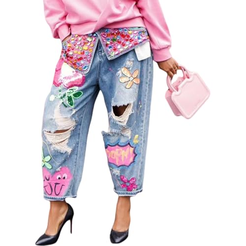 2025 New Women's Casual Rhinestone Loose Harem Jeans, Vintage Rhinestone Floral Ripped Baggy Cropped Jeans Denim Pants