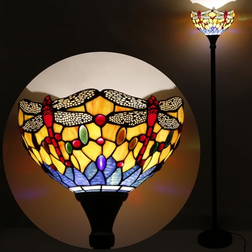 Image of 12 Inch Tiffany Lamp shade Replacement Only(Orange Blue Dragonfly) | Stained Glass Lampshade Only 1-5 /8-Inch Fitter Opening for Arched Floor Lamp, Torchiere Lamp, Pendant Light