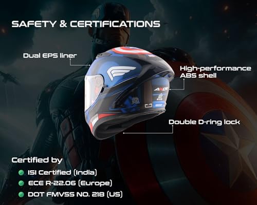 Image of Axor Street Marvel Captain America ISI ECE and DOT Certified Lightweight Full Face Helmet for Men and Women with Scratch and UV Resistant Dual Visors with Anti-Fog Pin Lock System-Blue Red White-M