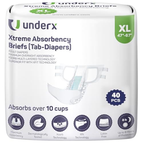UnderX Xtreme Absorbency Adult Briefs with Tabs - Maximum Absorbency - Heavy-Duty Overnight Briefs for Men and Women - Leak-Proof Protection Absorbent Briefs - Comfortable, Latex-Free (X-Large) 40 PCS