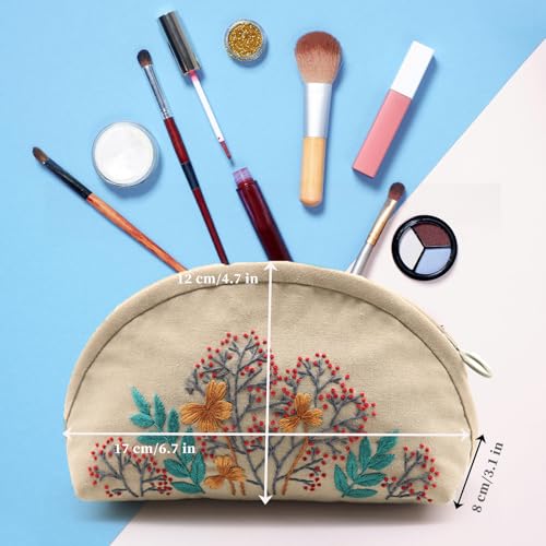Image of FONNUY Embroidery Kit Makeup Bag for Beginners, Flowers Pre-Stamped Pattern Handbag Coin Purses Making Kits for Adults with Hoop, Easy to Follow Color Thread Needlework (Beige)