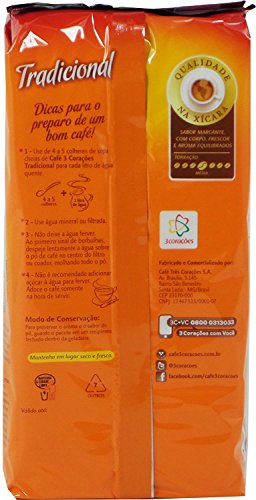 3 Coracoes Tradicional Brazilian Ground Coffee Vacuum Packed 500 grams (Pack of 4)