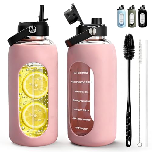Image of Aqulea 64oz oz Glass Water Bottle with 2 Lids - Spout & Straw Lids, Borosilicate Glass Water Bottle with Time Marker & Silicone Sleeve, Leakproof