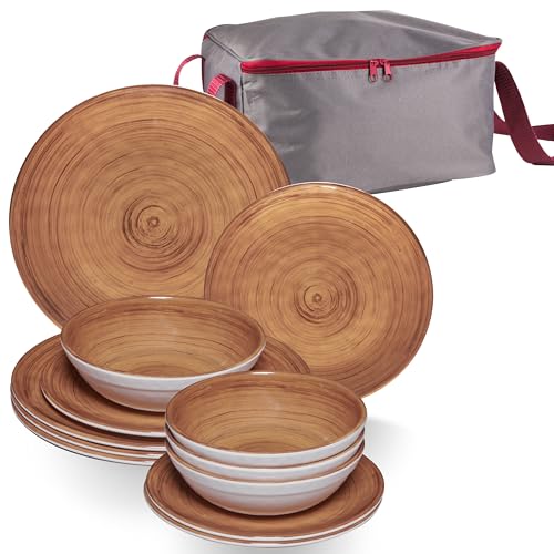 Vaisselle en mélamine marron pour 4 personnes – 13 pièces aspect bois avec sac de rangement passe au lave-vaisselle Vaisselle de camping camping camping festival fête de jardin