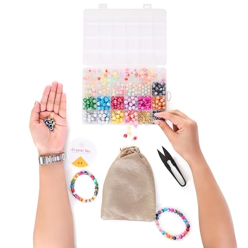 Image of Ambitieux DIY Bracelet Making Kit 575+ Beads Jewelry Set With Glass,Double,Charms Pendants Accessories,Evil Eye,Elastic Thread,Cutter & Jute Bag Craft Kit For Girls,Kids & Adults (Marble),Multicolor