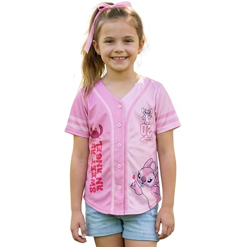 Image of Disney Lilo & Stitch Girls Baseball Jersey Shirt Button Down Kids Tee Stitch Angel Sizes 4-16