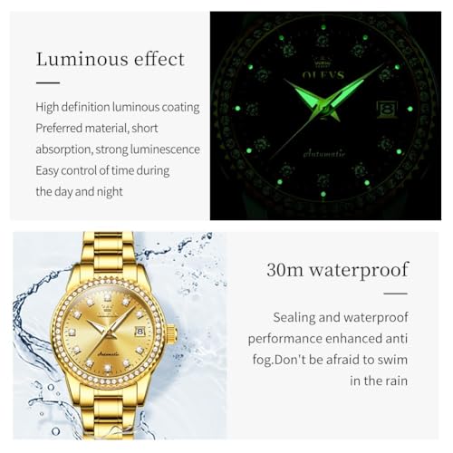 OLEVS Ladies Diamond Watches Automatic Mechanical Luxury Dress Classic Self Winding Stainless Steel Wrist Watch for Women(Gold/Blue/Black/White Dial) - Image 7