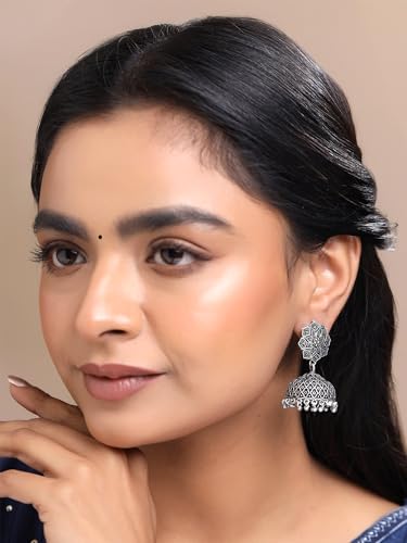 Image of Yellow Chimes Earrings for Women and Girls Traditional Silver Oxidised Jhumka German Silver Earring Set Dome Shaped Dangler Jhumki Earrings Combo | Birthday Gift For Girls and Women