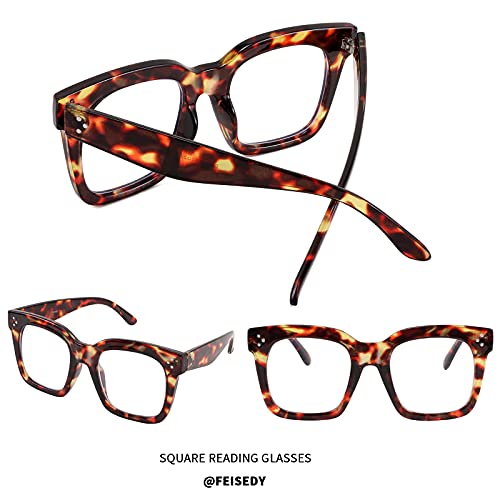 Feisedy Blue Light Blocking Reading Glasses Oversized Readers Designer Luxury Square Eyewear Frame B2695(175,Leopard) #TOP5