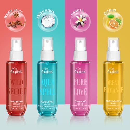 Image of LA PINK Body Mist Woman Gift Set for Valentine's Day | Long Lasting Deodorant Spray with Vanilla, Citrus, Oud & Sweet Honey | Body Mist Perfume for Men & Women | Premium Valentine Gift Pack for Couple | Set of 4 (50ml Each)