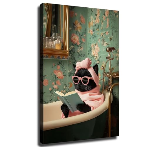 Elegant Cat Spa Framed Poster Print, Funny Reading Cat Wall