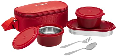 Amazon Brand - Solimo Lunch Box Set with Bag (Office, School & Travel) | 2 Round (400ml Each) & 1 Oval 600ml Steel Inner Containers with Cutlery | Microwave Safe | Leakproof - Red