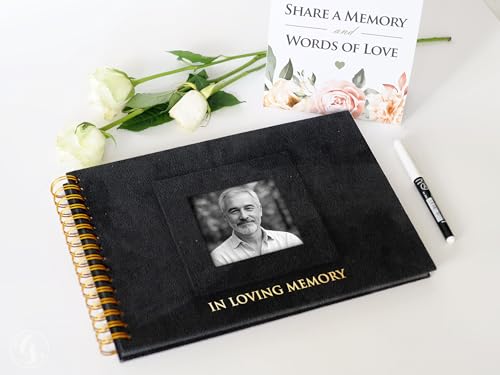 Image of Funeral Guest Book for Memorial or Celebration of Life - Velvet Hardcover with Photo Frame - Includes Pen or Marker and Sign (Black - Large)