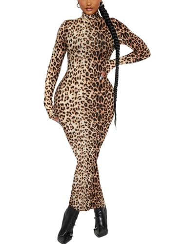 Women's Long Sleeve Bodycon Dress Maxi Mock Neck Fall Winter Casual Club Party T Shirts Tight Dresses2