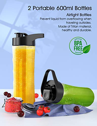 homgeek Personal Mini Blender Smoothie Maker, Portable Juicer Cup, Electric Power Mixer for Fruit and Vegetable,with Travel Lid and 2 Tritan Travel Sport Bottle 600ml/20oz (2 Bottle)