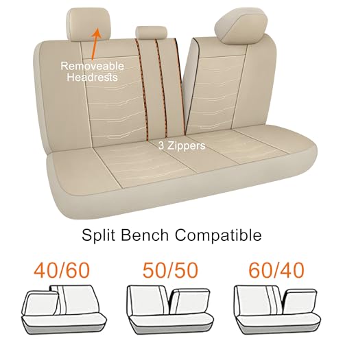 CAROMOP Premium PU Leather Car Seat Covers Full Set,Waterproof Split Bench Covers for Cars, Universal Car Interior Covers Seat Protectors for Sedans SUVs Pick-up Trucks(Beige) - Thumbnail 4