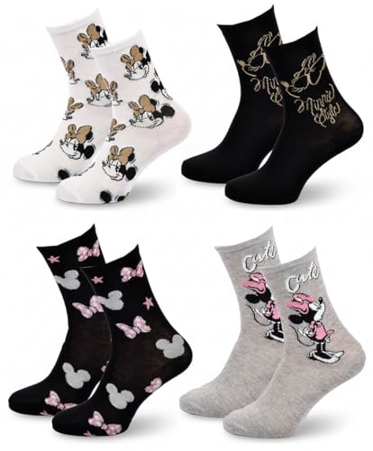 Calcetines para mujer con licencia Disney Minnie – Diferentes tamaños de paquetes – Sneakers, Quarter o Mi-Calssettes – Algodón Mayoritario 36-41 – Caja de regalo, Pack de 4 pares 133447, 36-41