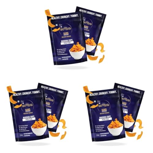 Image of Evolve Makhana Chips Healthy Snacks for Kids, Adults, Gluten Free, Low Calorie, No Palm Oil, Vacuum Fried, Peri Peri Flavor - 100g Pack of 6
