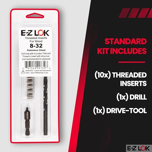 E-Z LOK 400-008-CR Thread Installation Kit for Hard Wood Stainless Steel Threaded Inserts 8-32 (10), Drill, Installation Tool