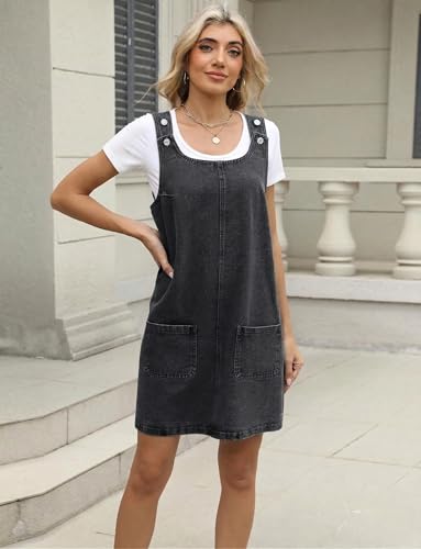 Image of Xaspee Denim Overall Dress for Women Casual Mini Sleeveless Jean Vintage Jumper Skirt Dress with Pockets