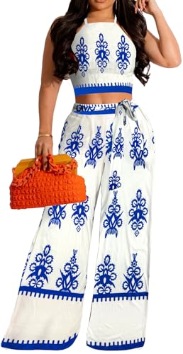 sexycherry Elegant Two Piece Sets Vacation Outfits for Women Sexy Blue White Print Crop Top Long Straight Pants Swimwear Beachwear Outfits with Pockets(X-Large)