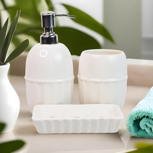 Image of Ceramic Bathroom Accessories Set for Utility and Bathroom Decor | Liquid Soap Dispenser, soap Tray, Toothbrush Holder (Exclusive Bathroom Set) (White)