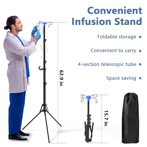 Removable Top IV Pole with 4 Steel Infusion Rack Hook - Portable Travel Tripod IV Pole Stand Adjustable Height for Clinic Home Care Travel