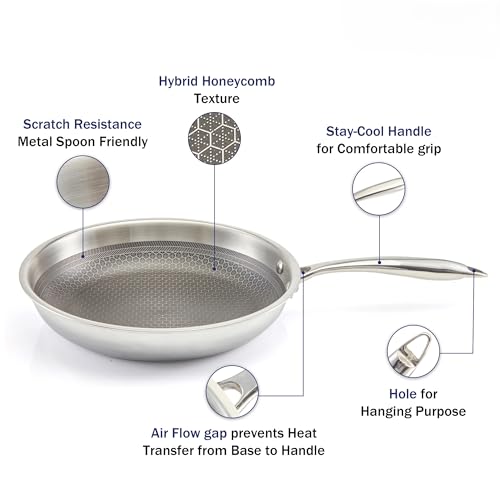 Image of Triply Stainless Steel Fry Pan 22 cm Honeycomb Non-Stick | Frying Pan 2.5 mm Thick Heavy Bottom | Induction, Gas, Electric & Ceramic Compatible Rust Free, Metal Spoon Safe