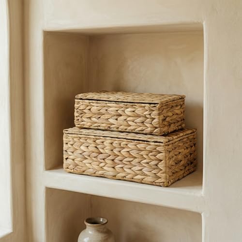Decorative Storage Boxes with Lids - Set of 2 Wicker Organizer Shelf Bins - Image 4