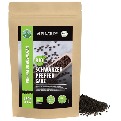 Alpi Nature Poivre Noir BIO 250g, Grains de Poivre Entiers pour la Cuisine, Piper Nigrum