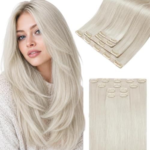Image of LaaVoo Seamless Clip in Hair Extensions Human Hair Platinum Blonde Seamless Hair Extensions Clip in Blonde Human Hair Clip ins Extension Straight Invisible 18Inch 4pcs 90g
