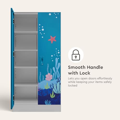 Image of Interio by Godrej Wardrobe Slimline 2 Door Steel Almirah (Digital Printed Teal Blue and Royal Ivory) Wardrobe for Clothes, 1 Year Warranty, 4 Shelves