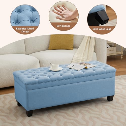 Image of WUTUTUEE 50 inch Fabric Storage Ottoman Bench, Upholstered Rectangle End of Bed Storage Ottoman Tufted Living Room Bedroom Bench with Safety Hinge, Solid Wood Legs, Loads 500 lb(Light Blue)