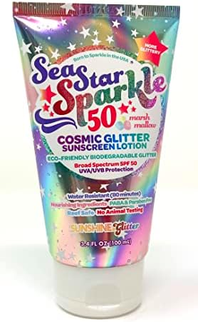 Sunshine & Glitter | Sea Star Sparkle Biodegradable GLITTER SUNSCREEN with SPF 50+ | COSMIC MARSHMALLOW | Water Resistant - Biodegradable Glitter | Vegan & Cruelty Free | 3.4 Oz