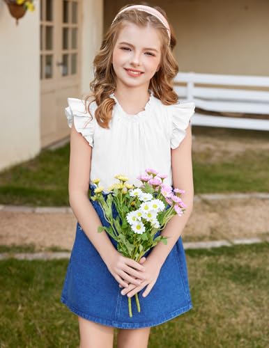 Arshiner Girls Ruffle Short Sleeve Shirts Cute Summer Frill Neck Pleated Textured Blouse Tops4