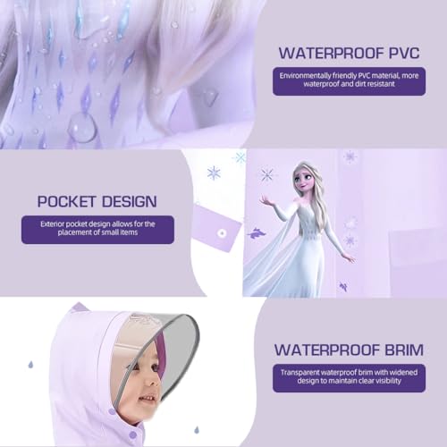 Image of PALAY Rain Coat for Kids Frozen Poncho Raincoat for Kids Girls Boys With Pockets Wide Brim Hooded Poncho Safe School Bag Rain Cover Frozen Elsa print