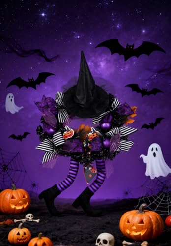 wlflash Happy Halloween Wreath for Front Door Decoration with Skeleton Artificial Bone Orange Ornaments Maple Leaf for Party Decor (Halloween Purple) - image 4