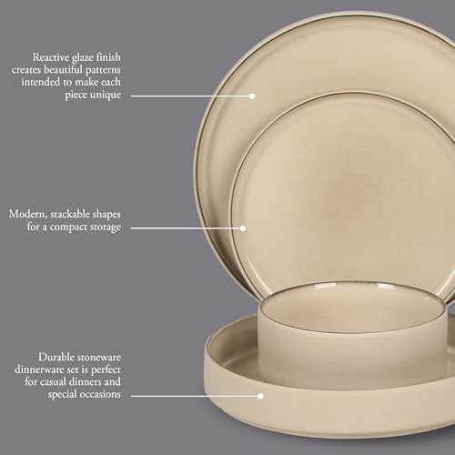 Image of Gibson Elite Liberty Bay 16-Piece Pottery Clay Stoneware Dinnerware Set - Taupe Reactive Glaze, Stackable Plates and Bowls W /Pasta Bowl, Service for 4 - Microwave & Dishwasher Safe